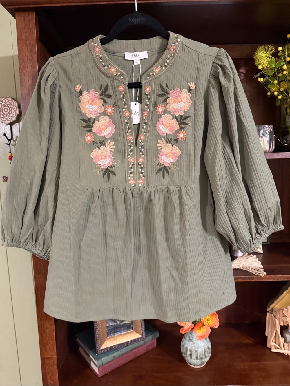 Olive Green Embroidered Peasant Tunic - Odile